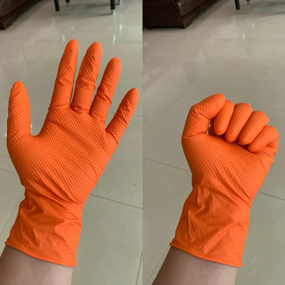orange nitrile gloves open hand and closed hand